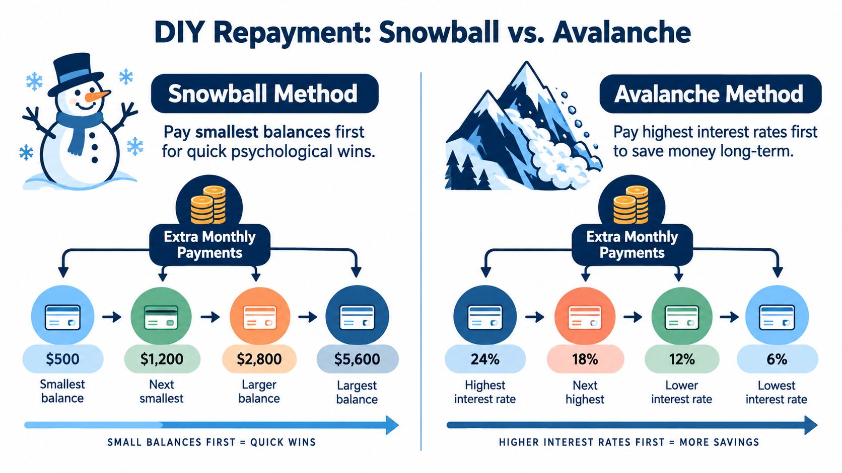 A comparison infographic showing the debt snowball method versus the debt avalanche method for repayment.