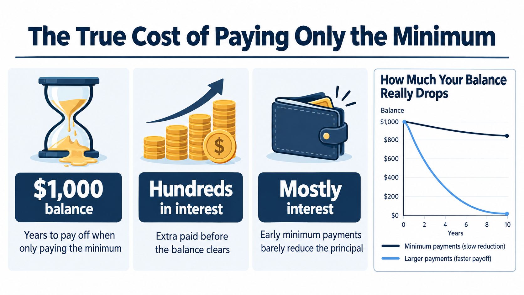 An infographic showing the financial risks of paying only the minimum balance on a credit card.