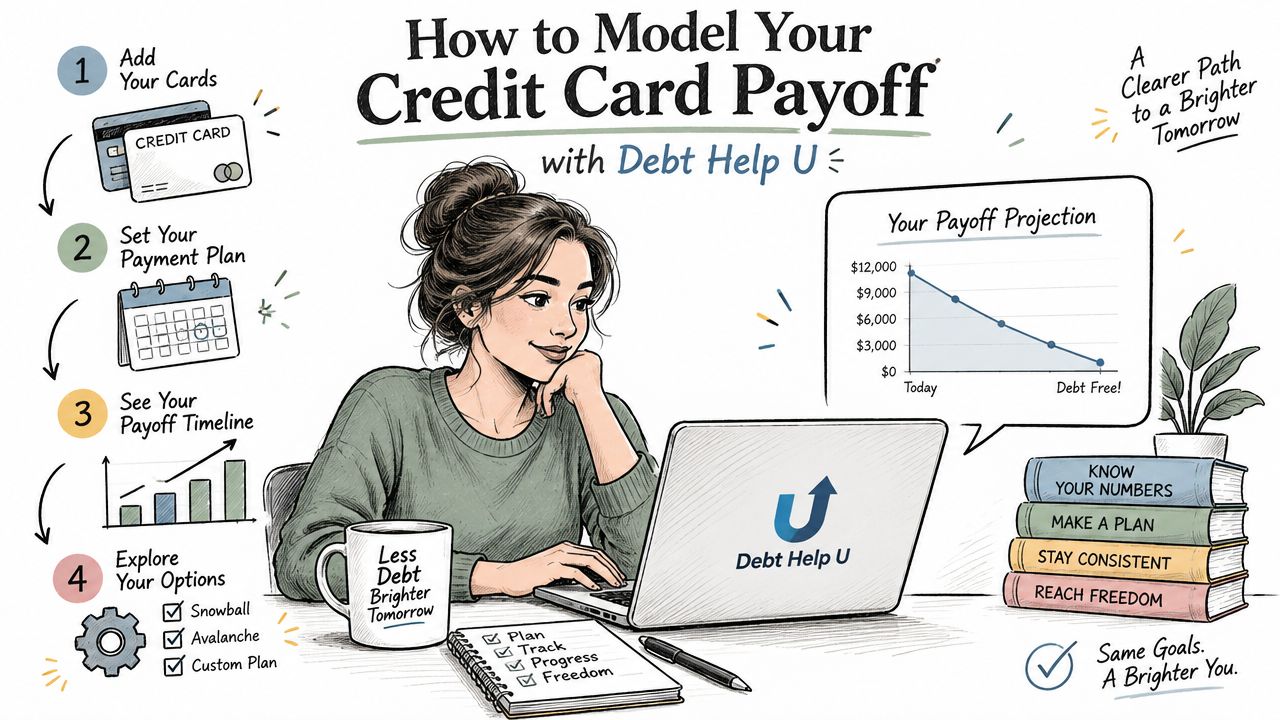A woman using a laptop to model a credit card debt payoff plan on Debt Help U.