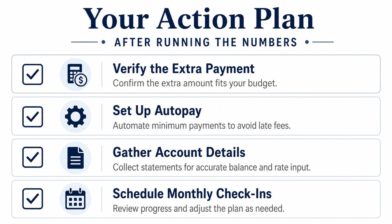A step-by-step checklist for a debt repayment action plan including autopay, account details, and monthly check-ins.