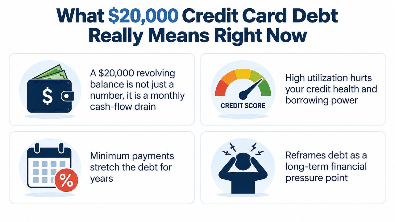 An infographic illustrating the negative impacts and long-term financial consequences of having $20,000 in credit card debt.