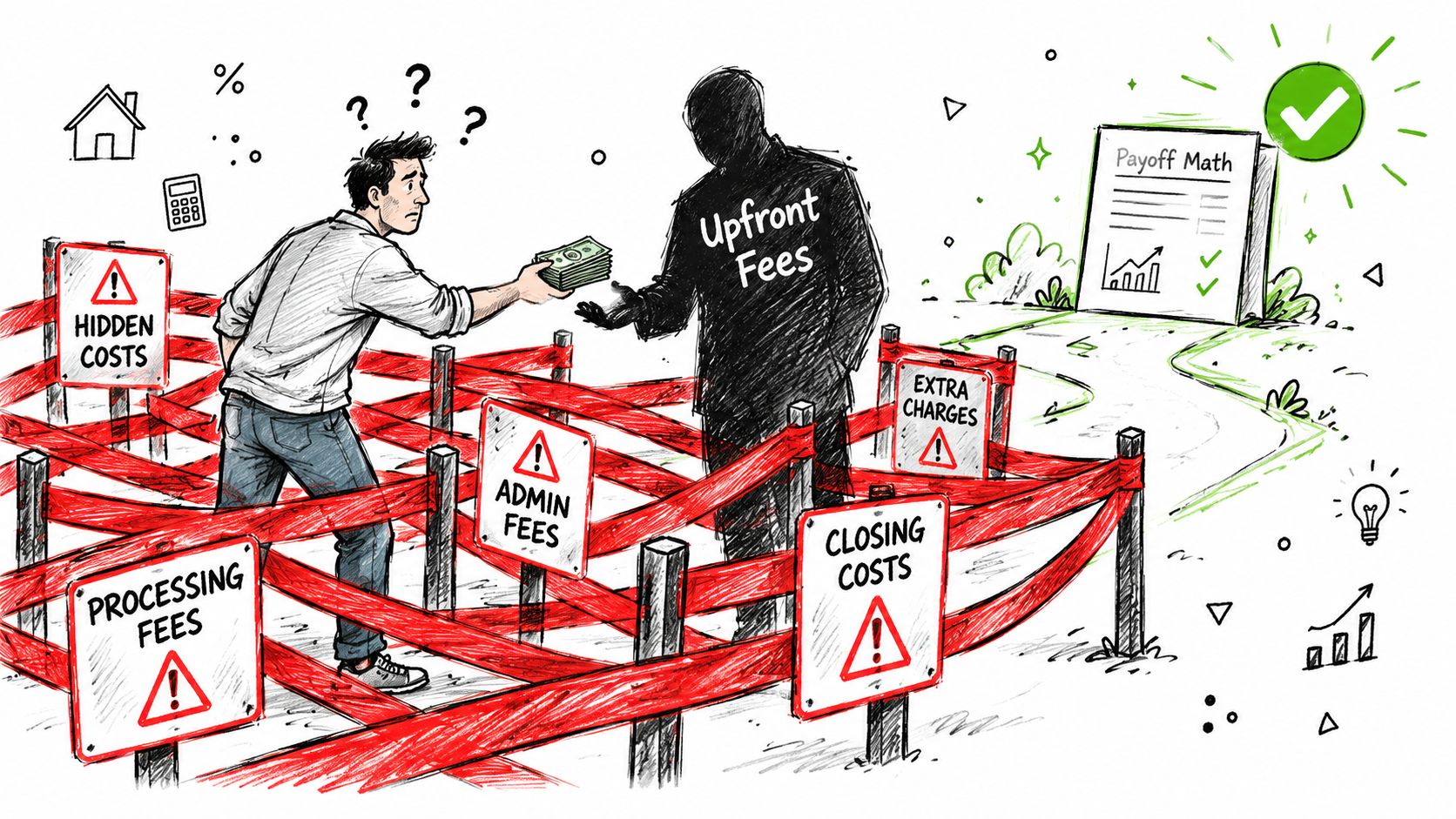 A confused person paying upfront fees to a shadowed figure amidst obstacles representing various hidden financial charges.