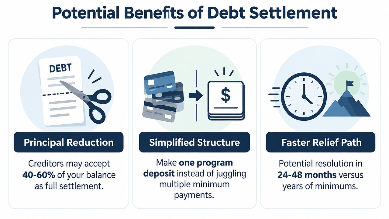 An infographic illustrating three potential benefits of debt settlement: principal reduction, simplified payment structure, and faster relief.