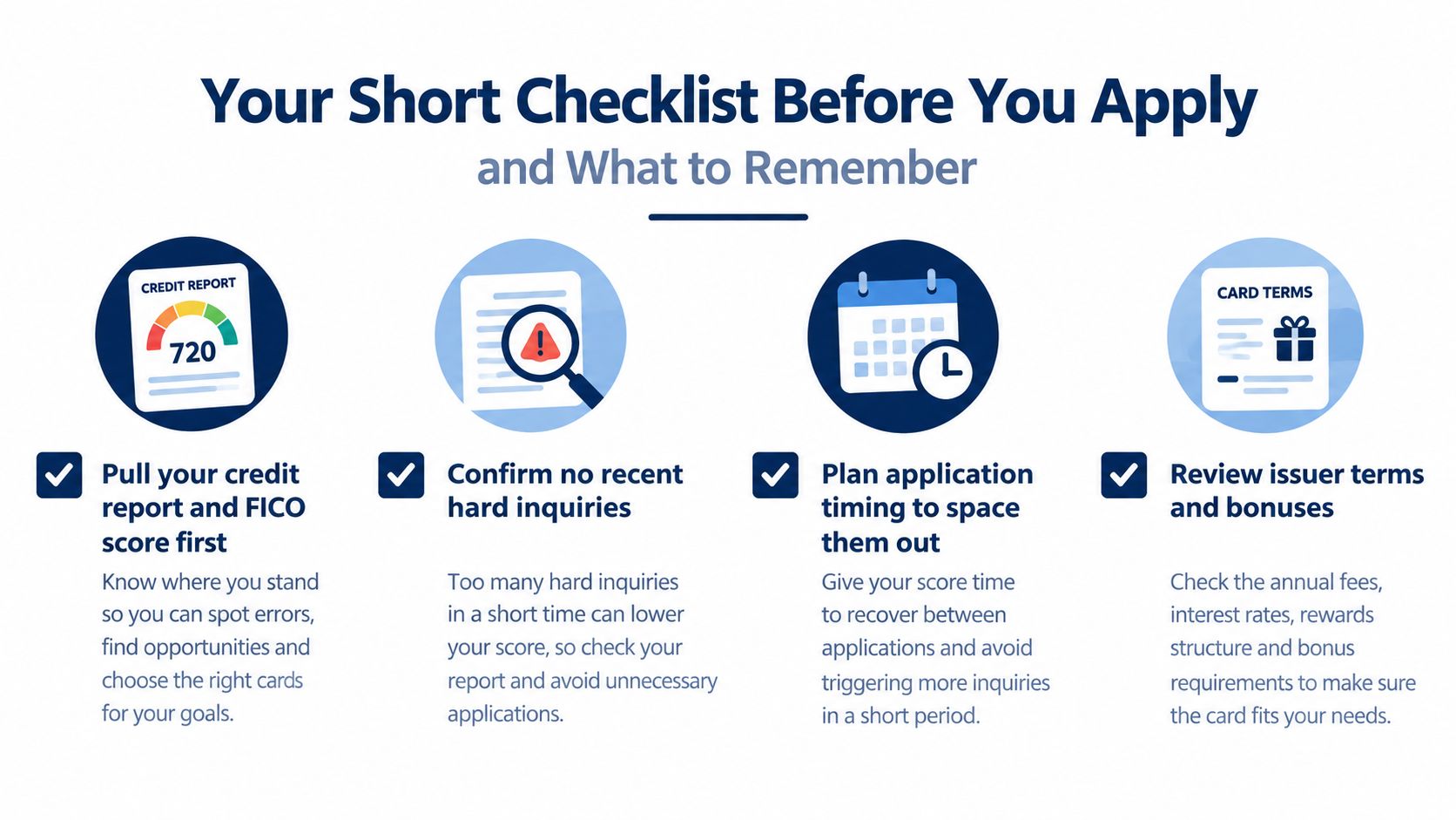A four-step checklist for applicants to review their credit health and terms before requesting multiple cards.