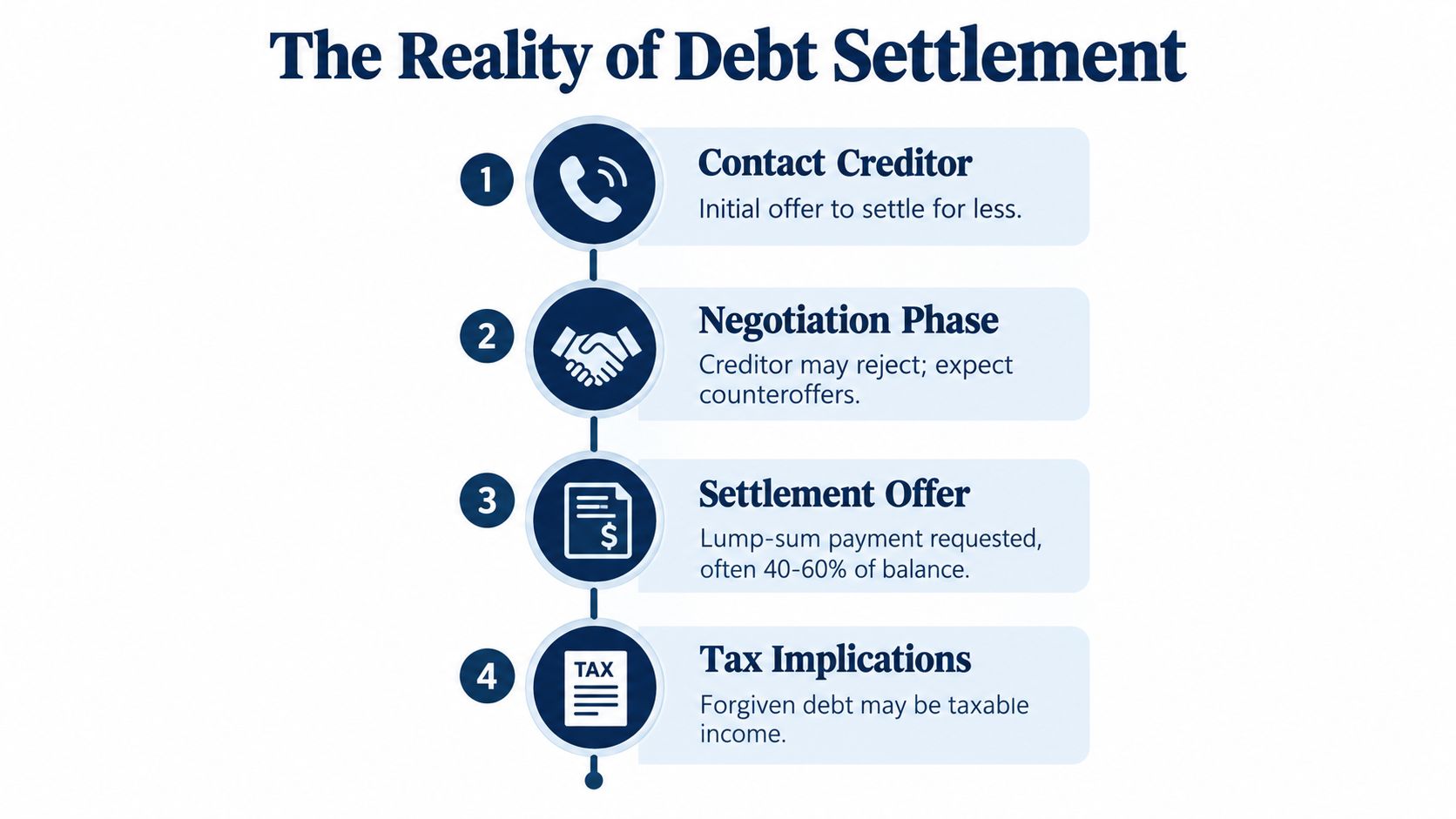 A four-step infographic illustrating the process of debt settlement, from contacting creditors to understanding tax implications.