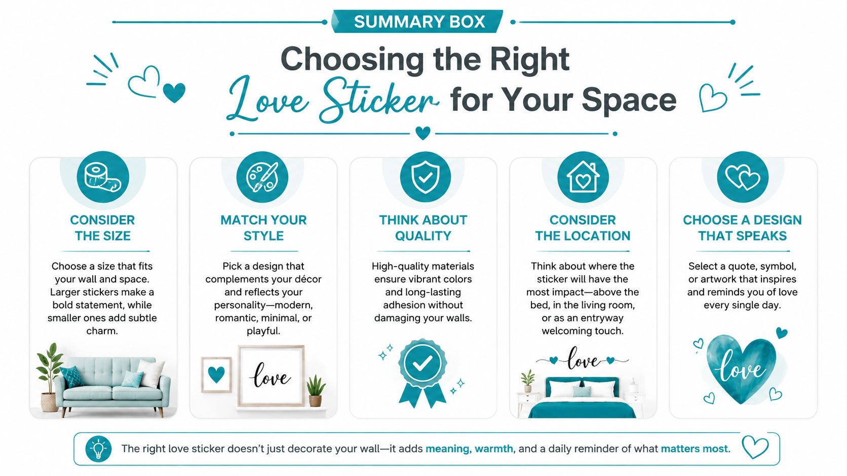 A summary infographic providing tips for choosing and applying wall stickers related to love and home decor.