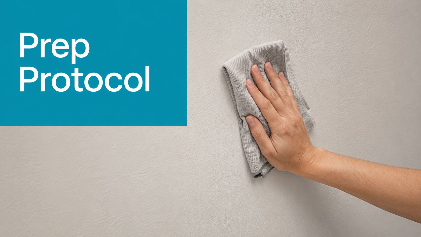 A hand cleans a textured light-colored wall with a grey microfiber cloth to prepare for installation.