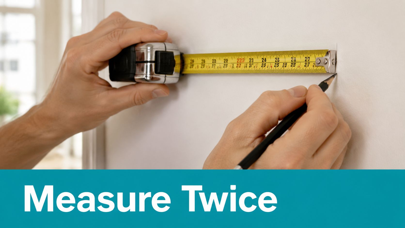 A close-up view of a person using a measuring tape and pencil to mark a wall.