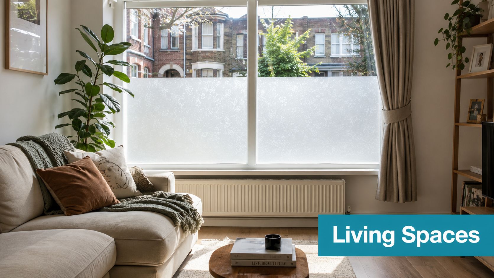 A cozy living room featuring frosted floral privacy film applied to a large window overlooking a street.
