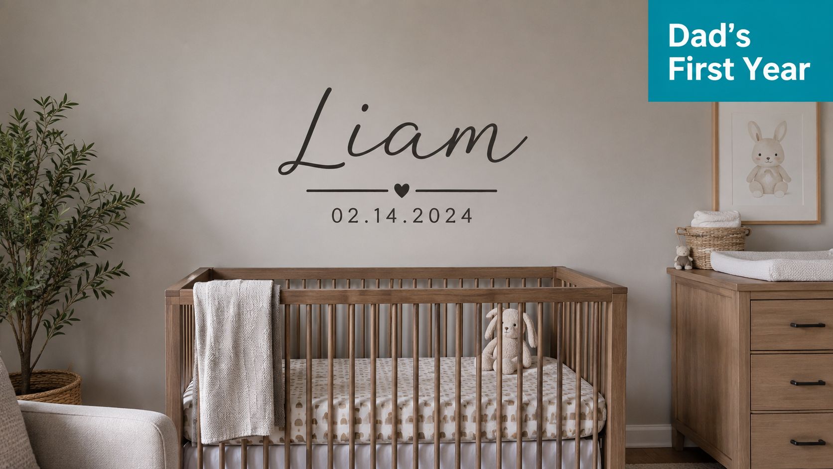 A cozy, minimalist nursery room featuring a wooden crib, a personalized Liam name wall decal, and a bunny picture.