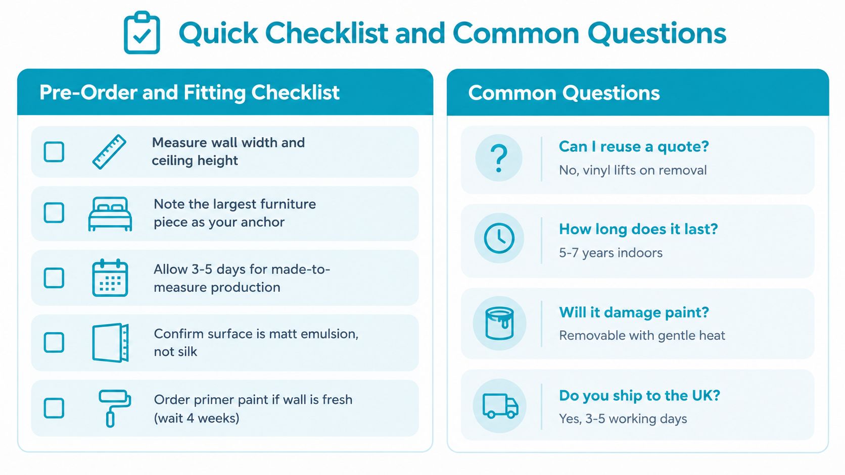 An infographic checklist for pre-order, fitting, and common questions about installing vinyl wall art quotes.