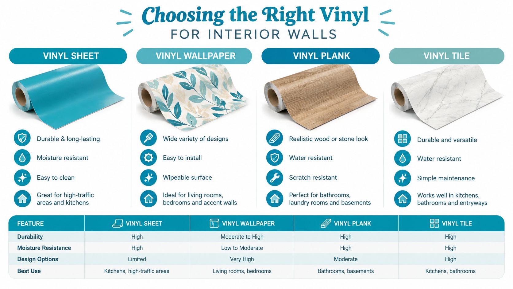 An infographic comparing different types of vinyl wall coverings, including sheets, wallpaper, planks, and tiles.