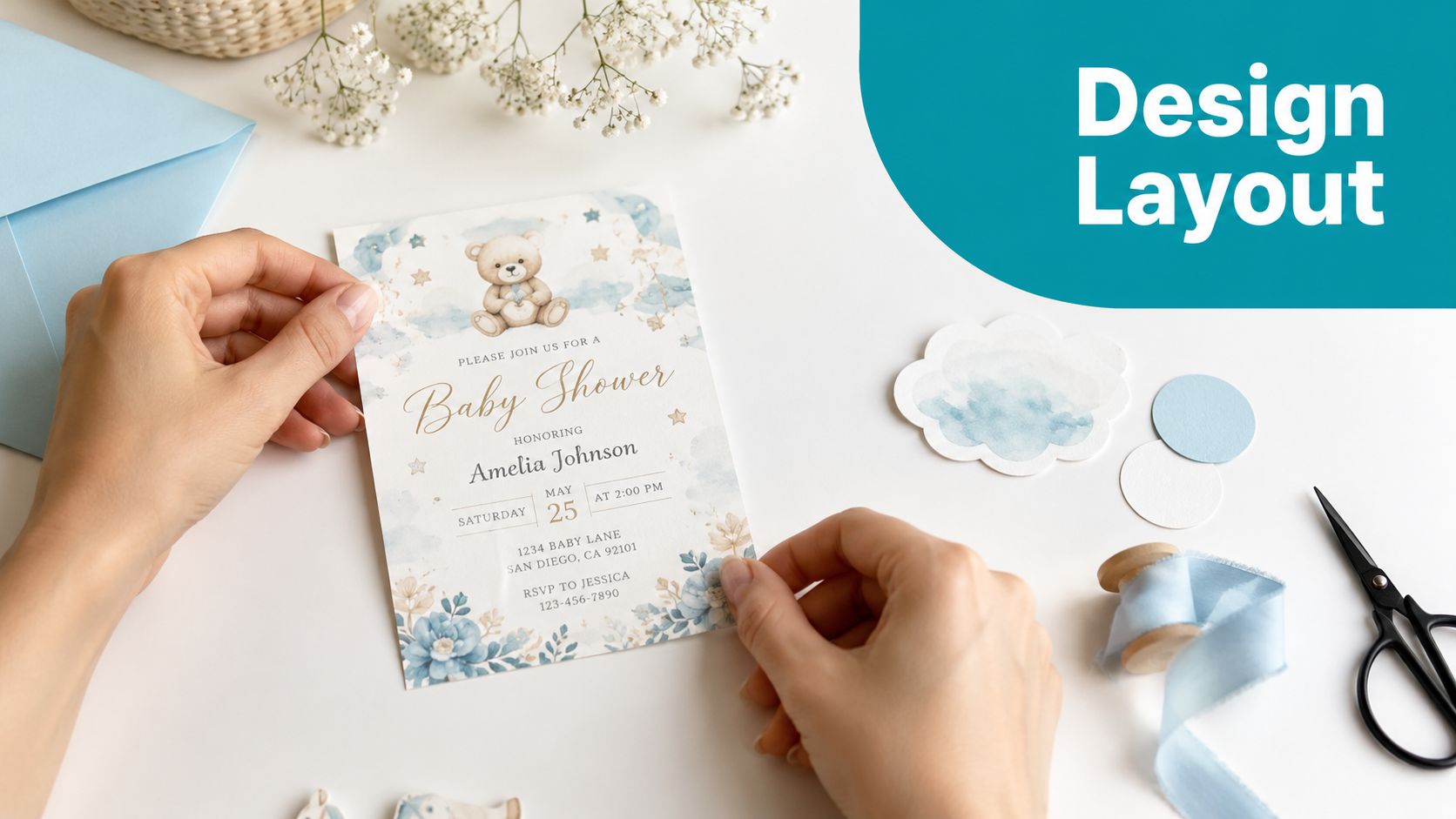 Hands holding a blue and gold watercolor bear themed baby shower invitation on a white desk.
