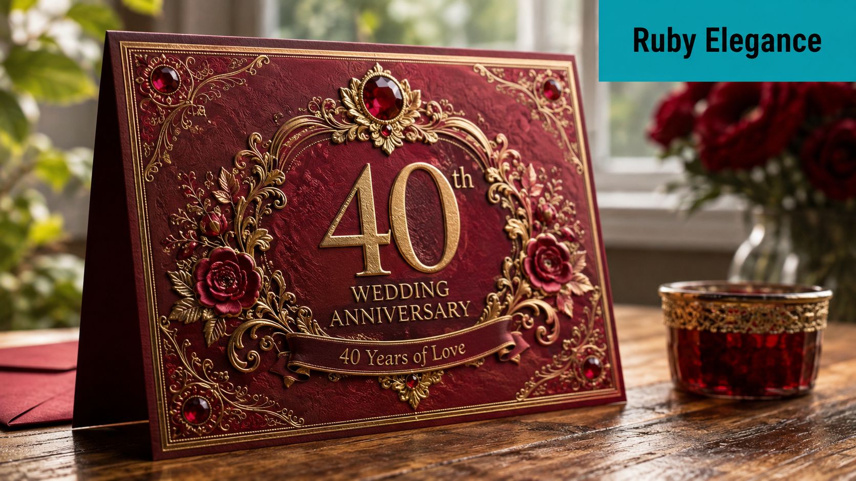 A luxurious ruby red 40th wedding anniversary card with intricate gold details on a wooden table.