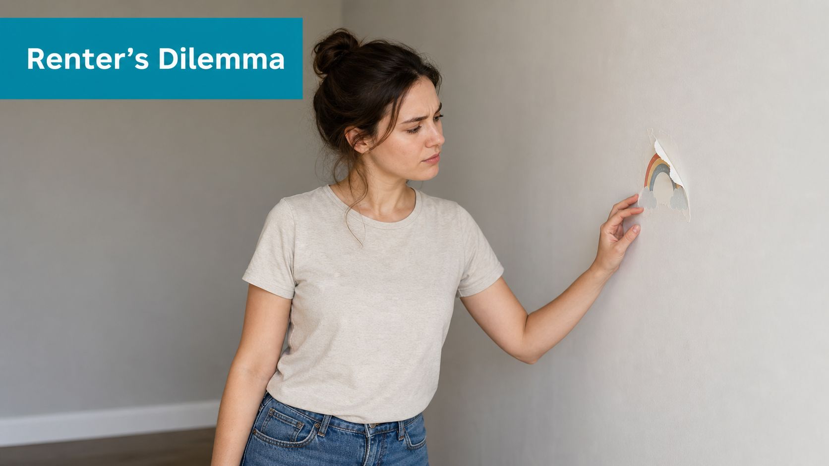 A concerned woman peeling a rainbow wall decal off a painted wall in a living room.
