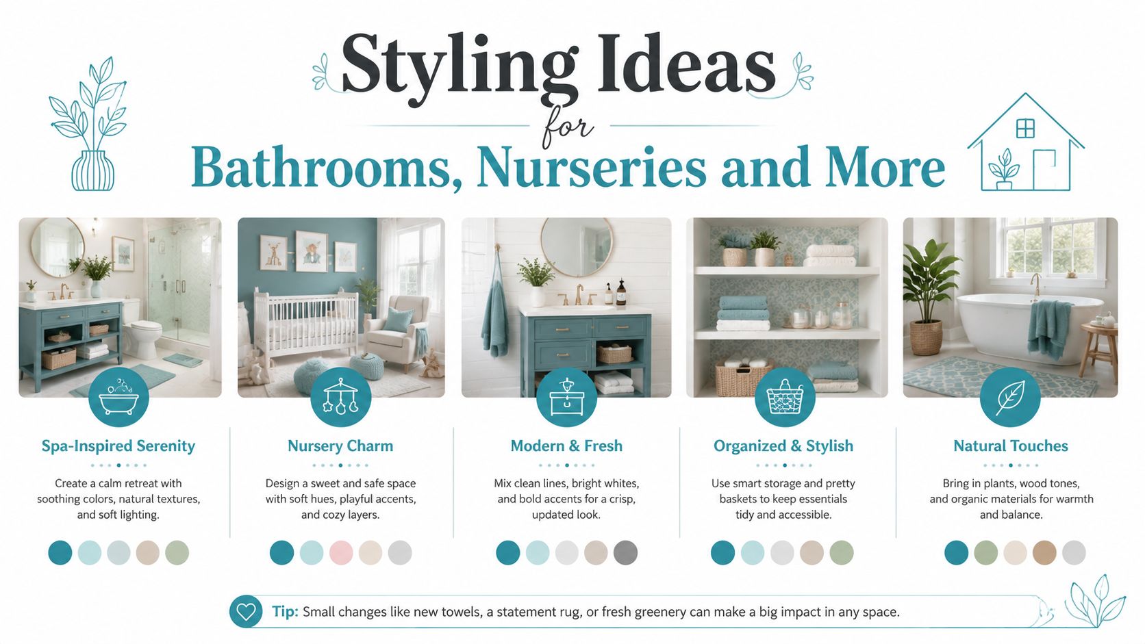 An infographic displaying five interior design styles for bathrooms and nurseries with coordinating color palettes and tips.