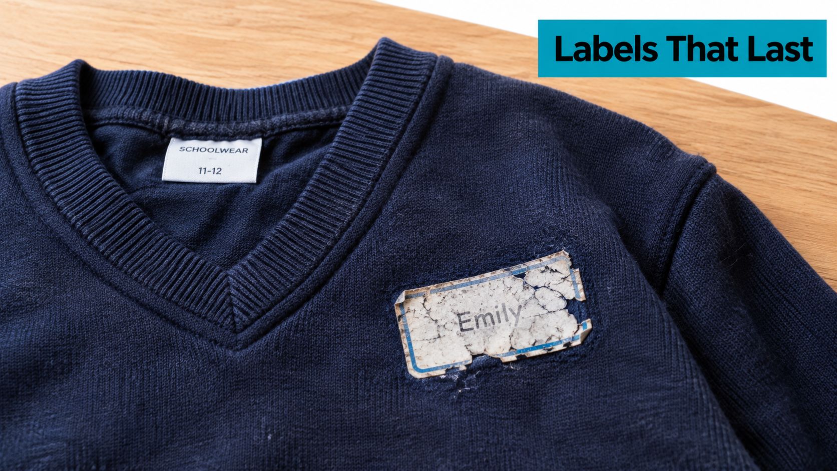 A worn out name tag labeled Emily attached to a navy blue school uniform sweater.