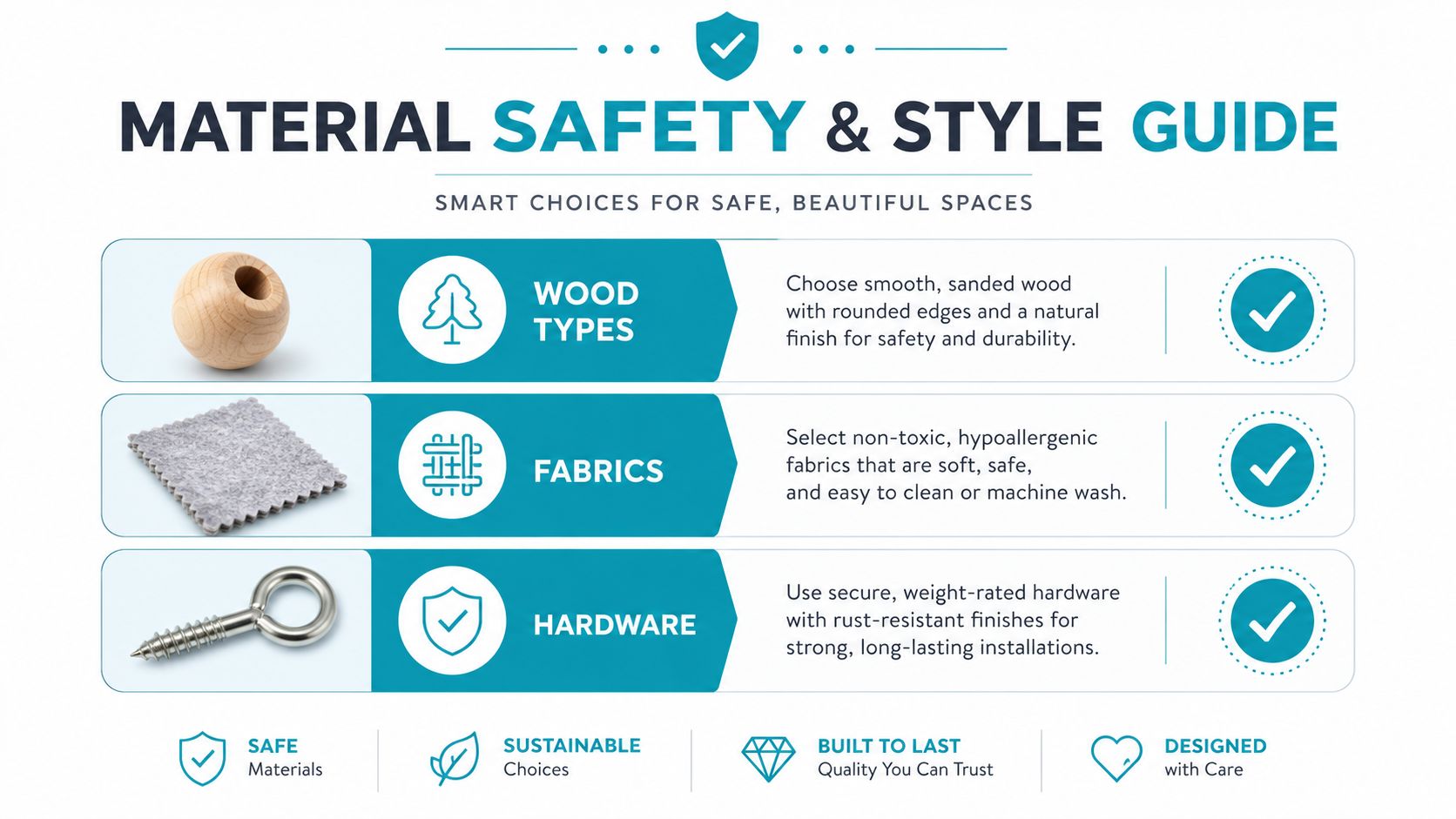 An infographic titled Material Safety and Style Guide outlining safe, durable, and sustainable materials for home projects.