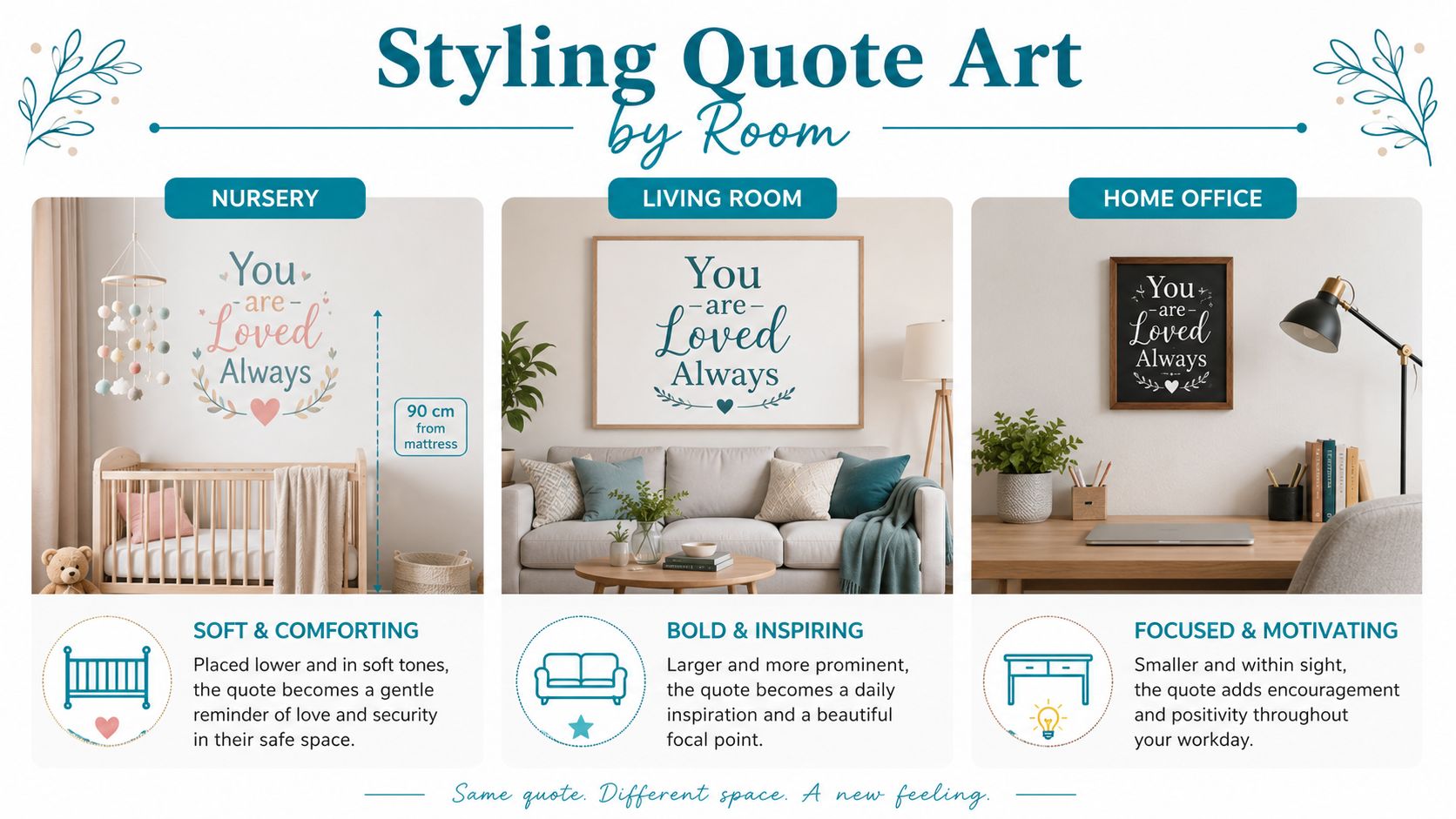 A graphic showing how to style the same quote art in a nursery, living room, and office.