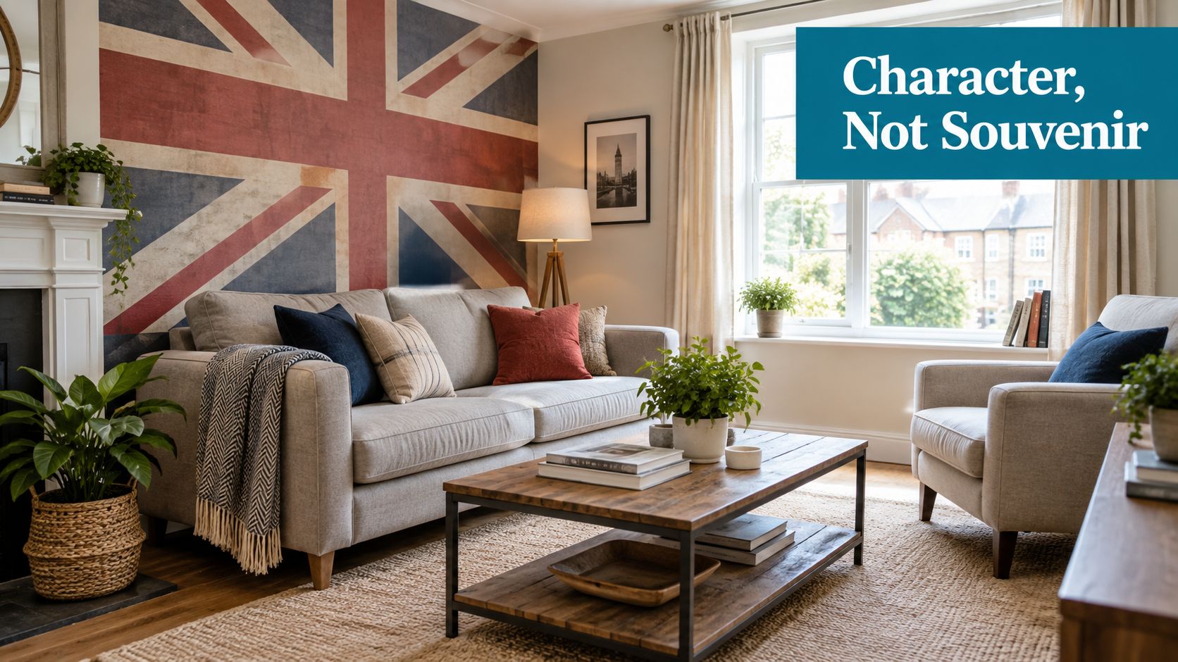 A cozy living room featuring a vintage Union Jack wallpaper, comfortable beige sofa, and natural wooden furniture.