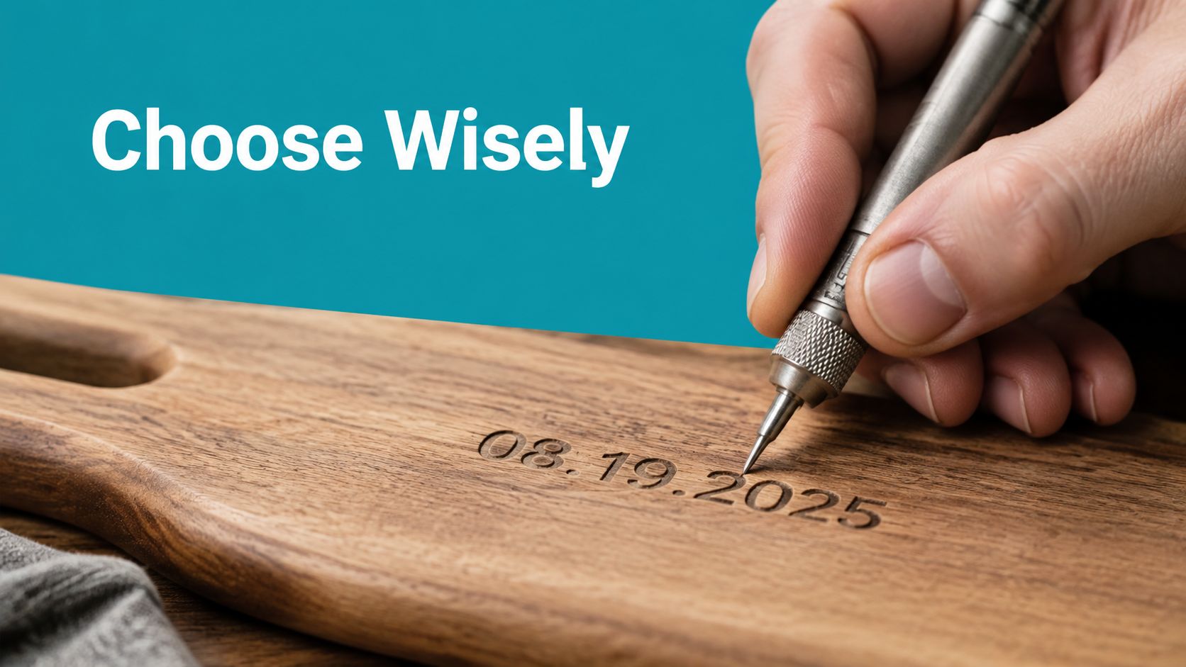 A hand engraving the date August 19, 2025 onto a wooden cutting board for a gift.