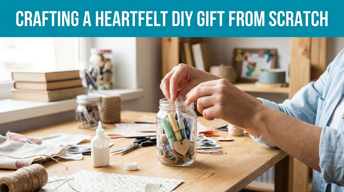 A person crafting a heartfelt DIY gift by placing rolled notes into a decorative glass jar.
