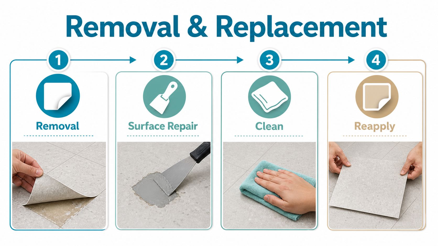 A step-by-step instructional graphic showing how to remove and replace bathroom tile vinyl stickers on a floor.