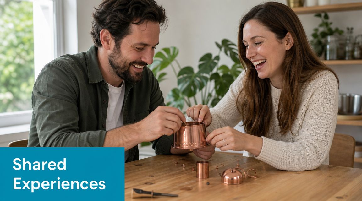 A smiling couple sits at a wooden table assembling handcrafted copper items together in a brightly lit room.