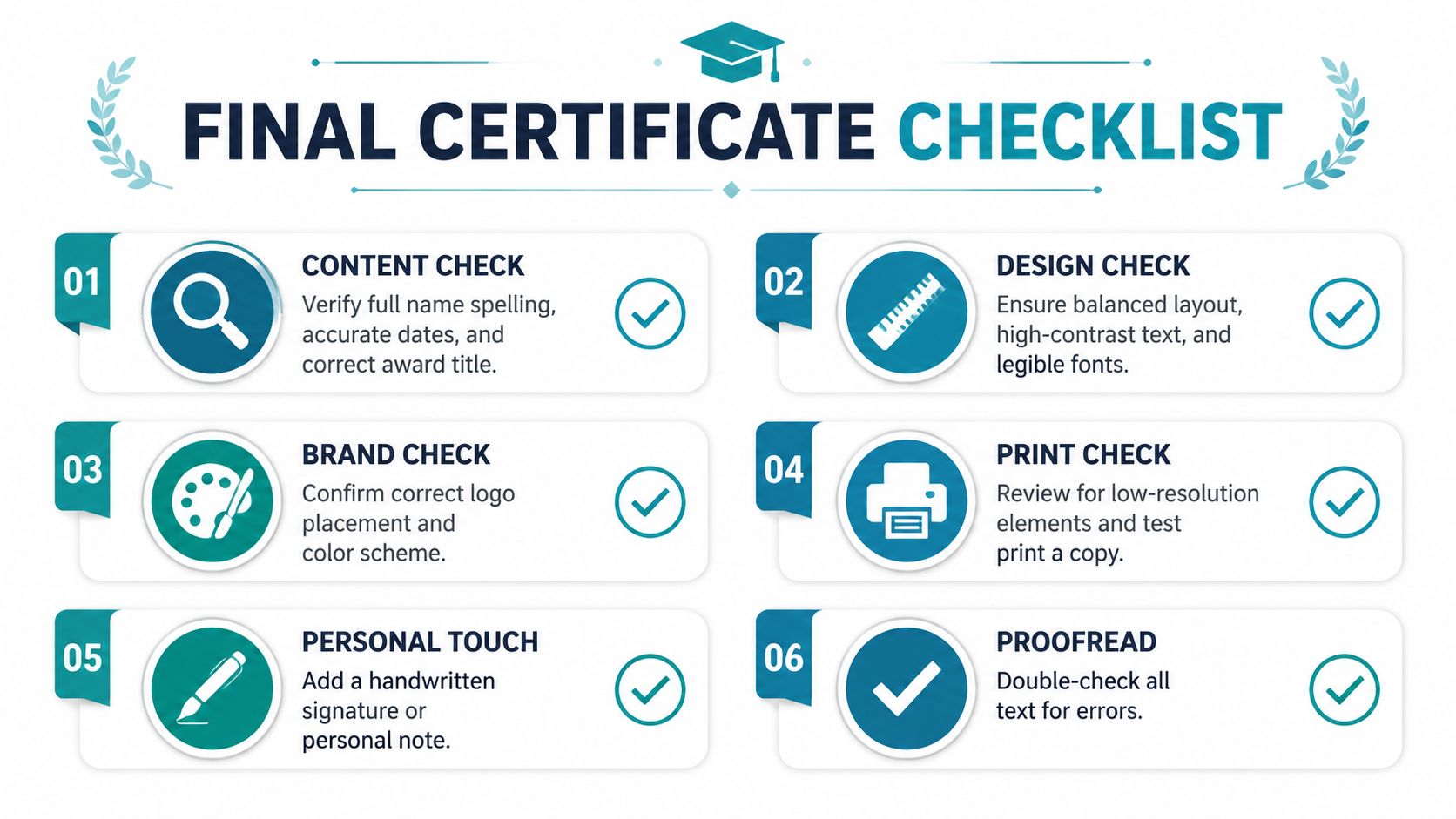 A visual checklist outlining six essential steps for creating and finalizing a professional certificate of appreciation.