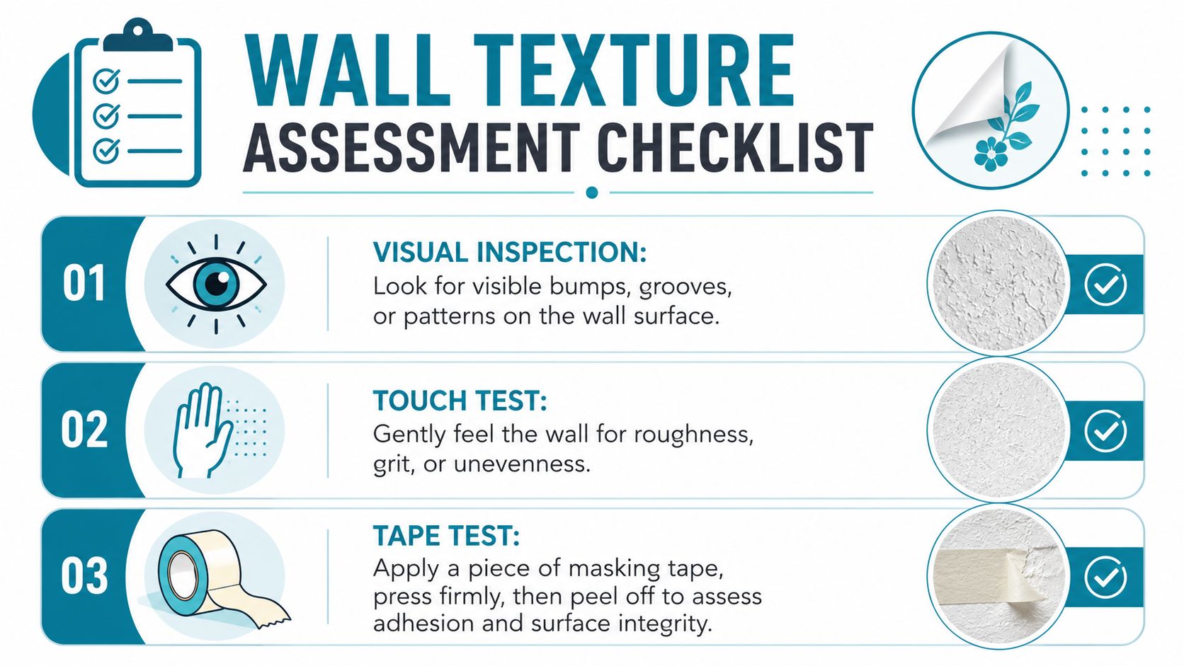 A wall texture assessment checklist graphic demonstrating visual inspection, touch test, and tape test procedures.