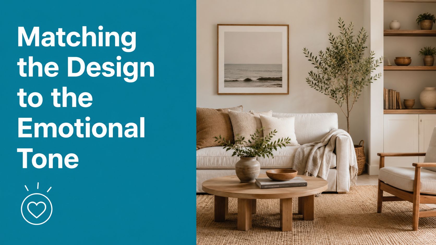 A minimalist living room with neutral colors, wooden furniture, and a tranquil ocean scene wall art.