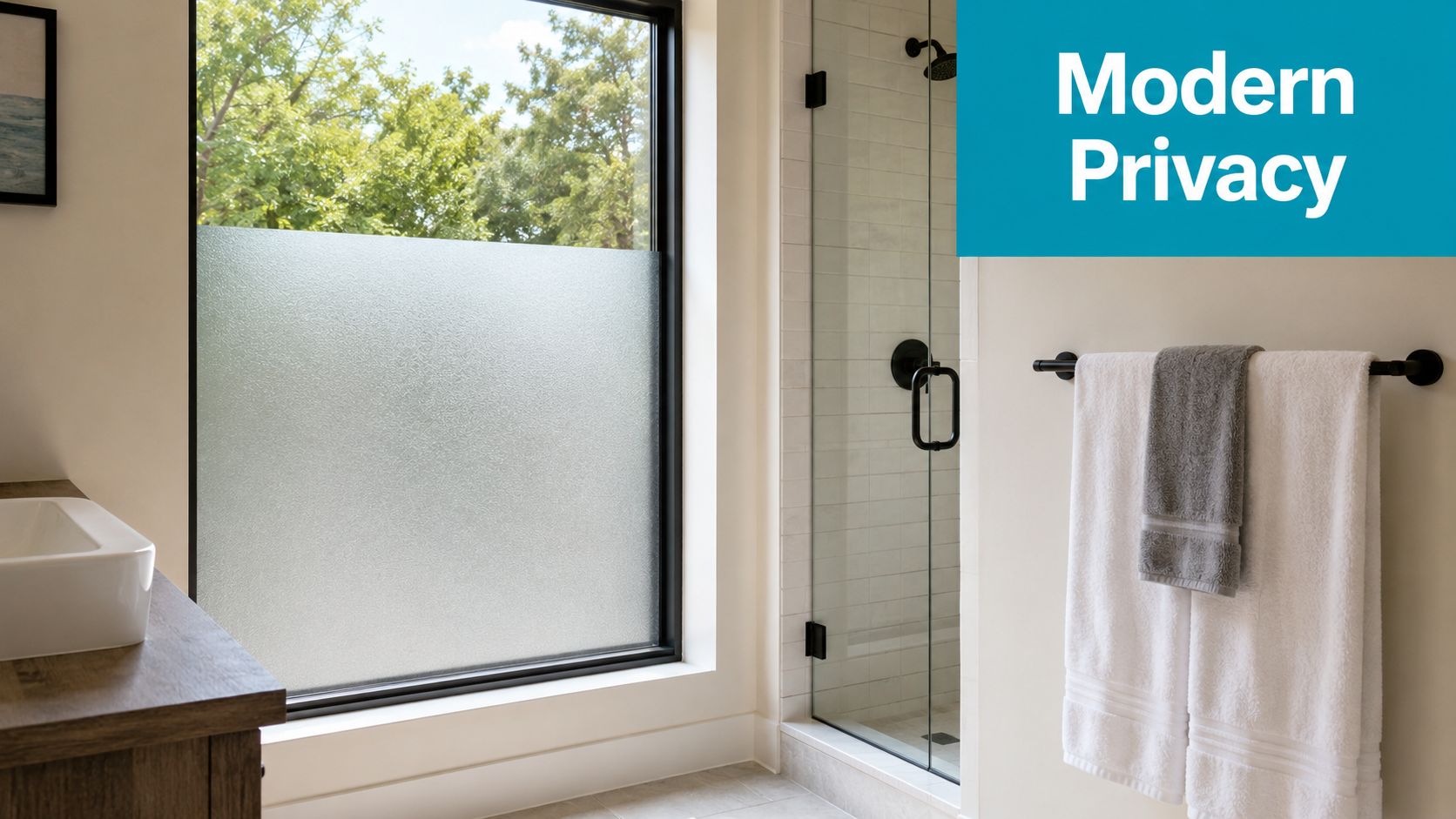 A bathroom vanity and shower area featuring a window with frosted privacy film for modern decor.