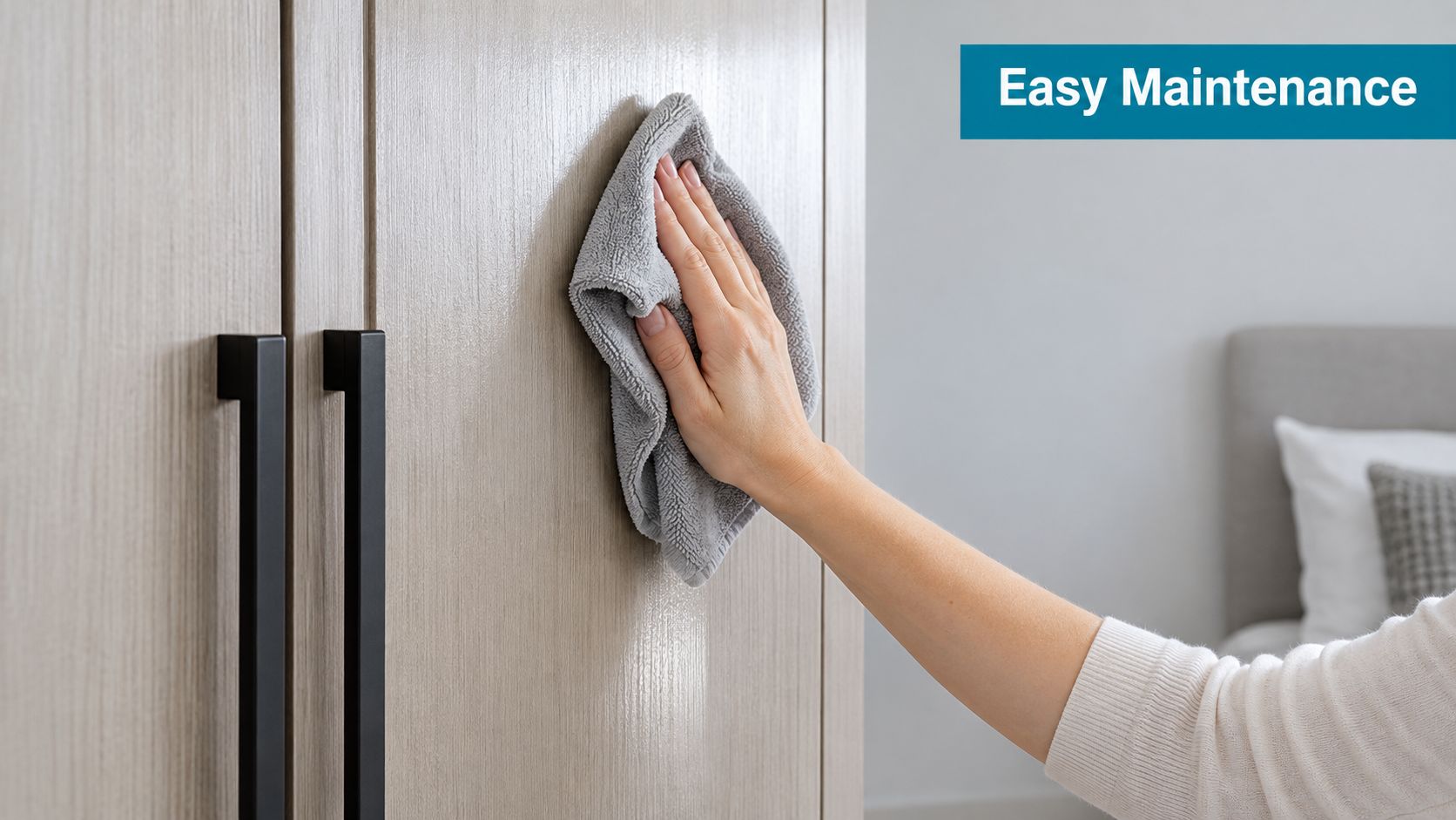 A person wiping down a light-colored wood wardrobe door with a soft grey cleaning cloth.