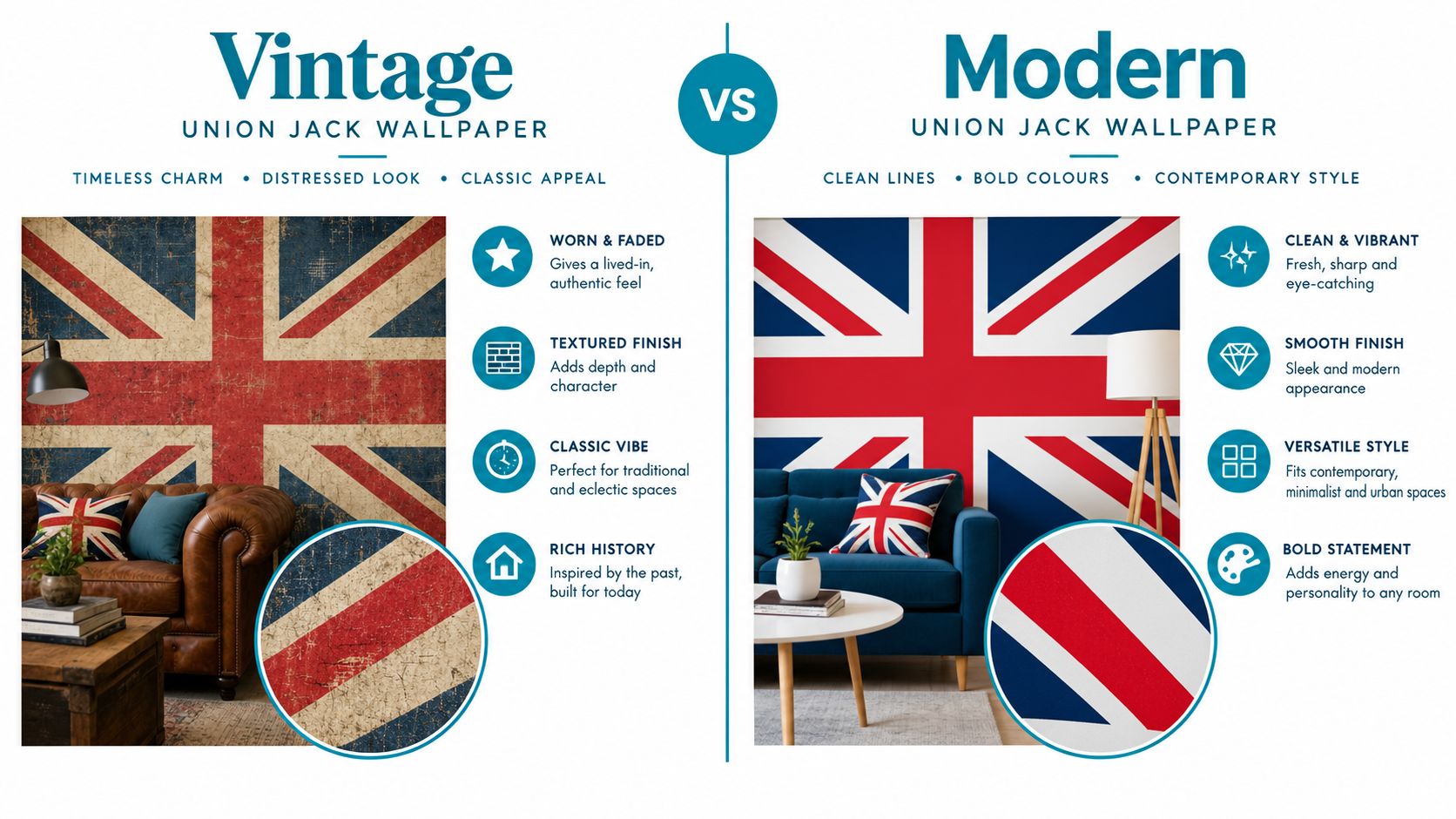 A comparison graphic showing vintage and modern Union Jack flag themed wallpaper designs in room interiors.