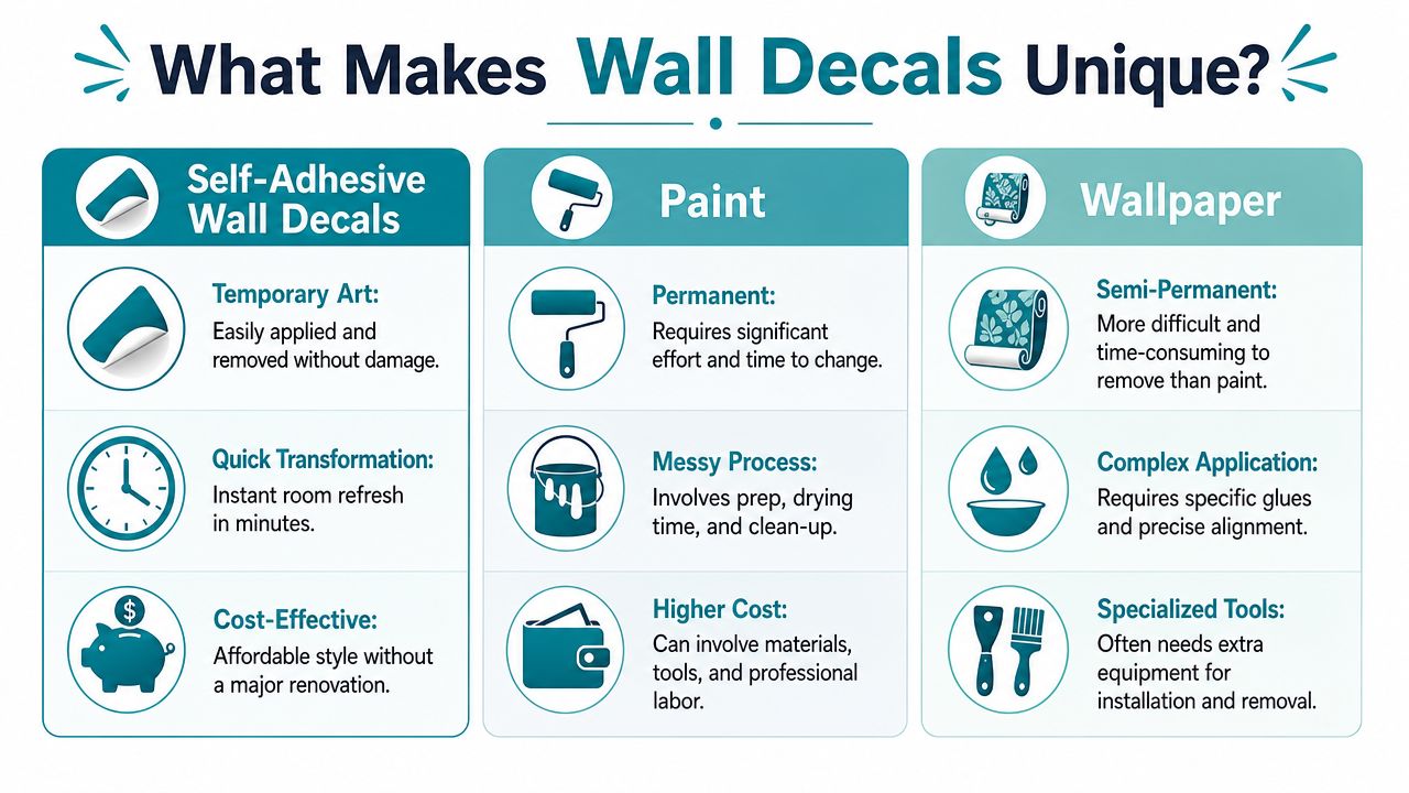 A comparative infographic highlighting the unique benefits of self-adhesive wall decals versus paint and traditional wallpaper options.