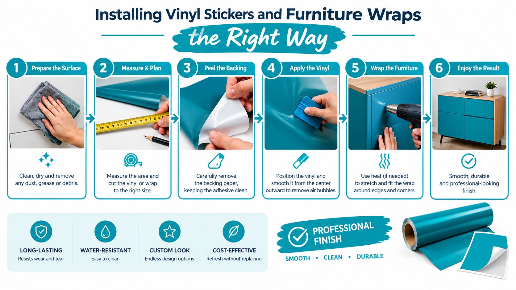 An instructional infographic demonstrating the six steps to properly apply vinyl stickers and furniture wraps.