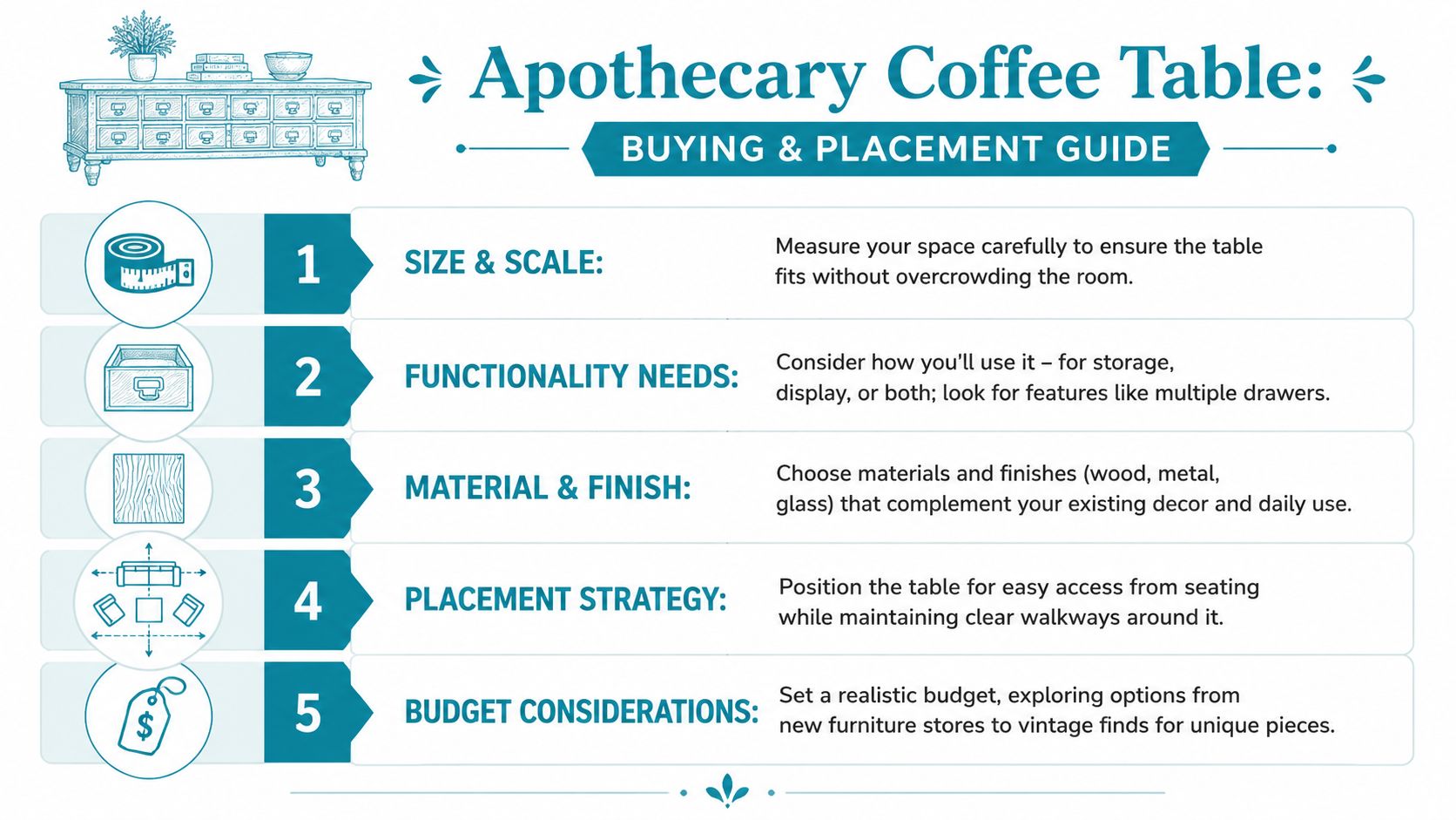 An infographic titled Apothecary Coffee Table Buying and Placement Guide featuring five steps for choosing and arranging furniture.
