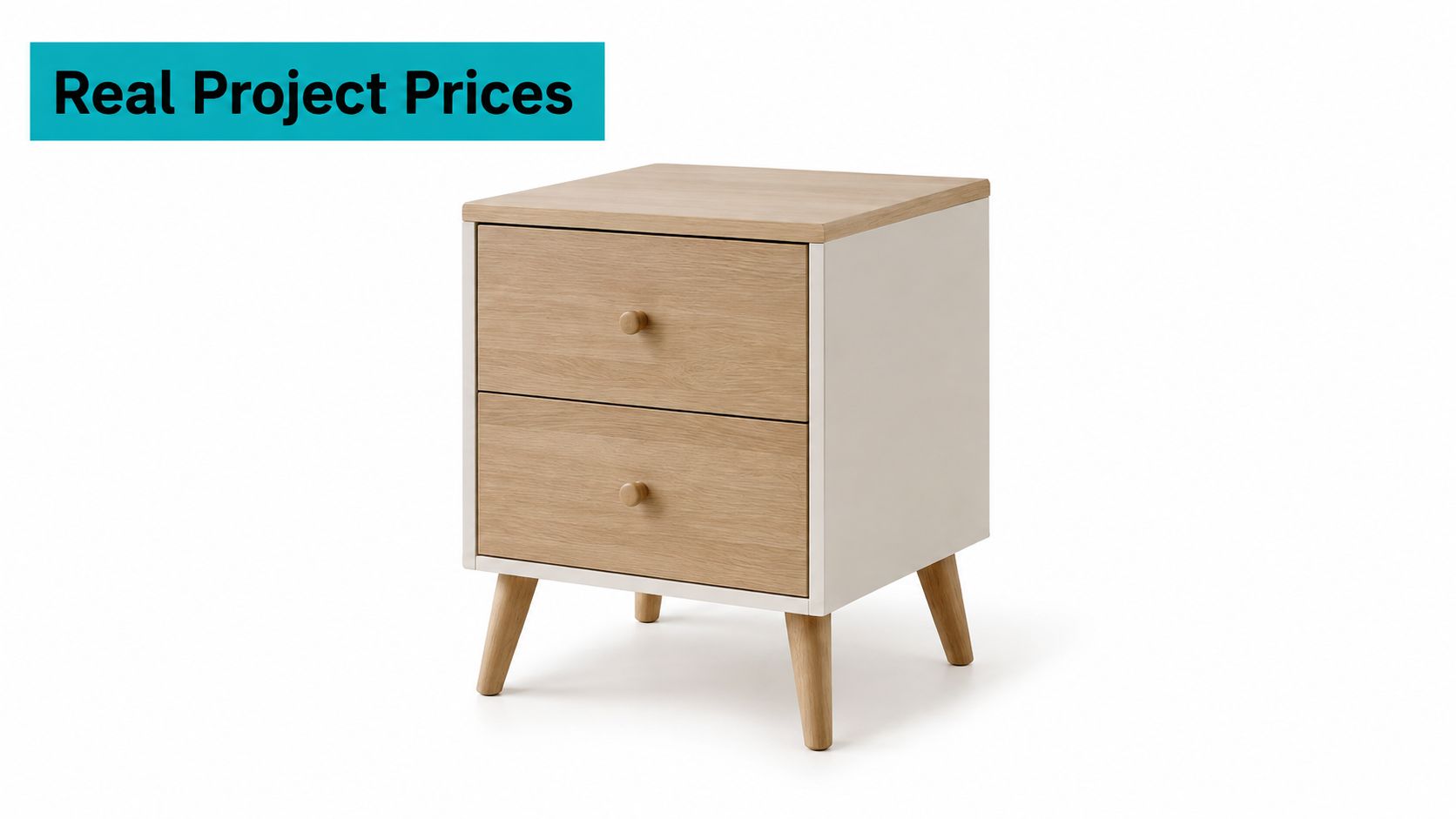 A modern two-drawer nightstand with a white frame and natural oak wood grain drawer fronts.