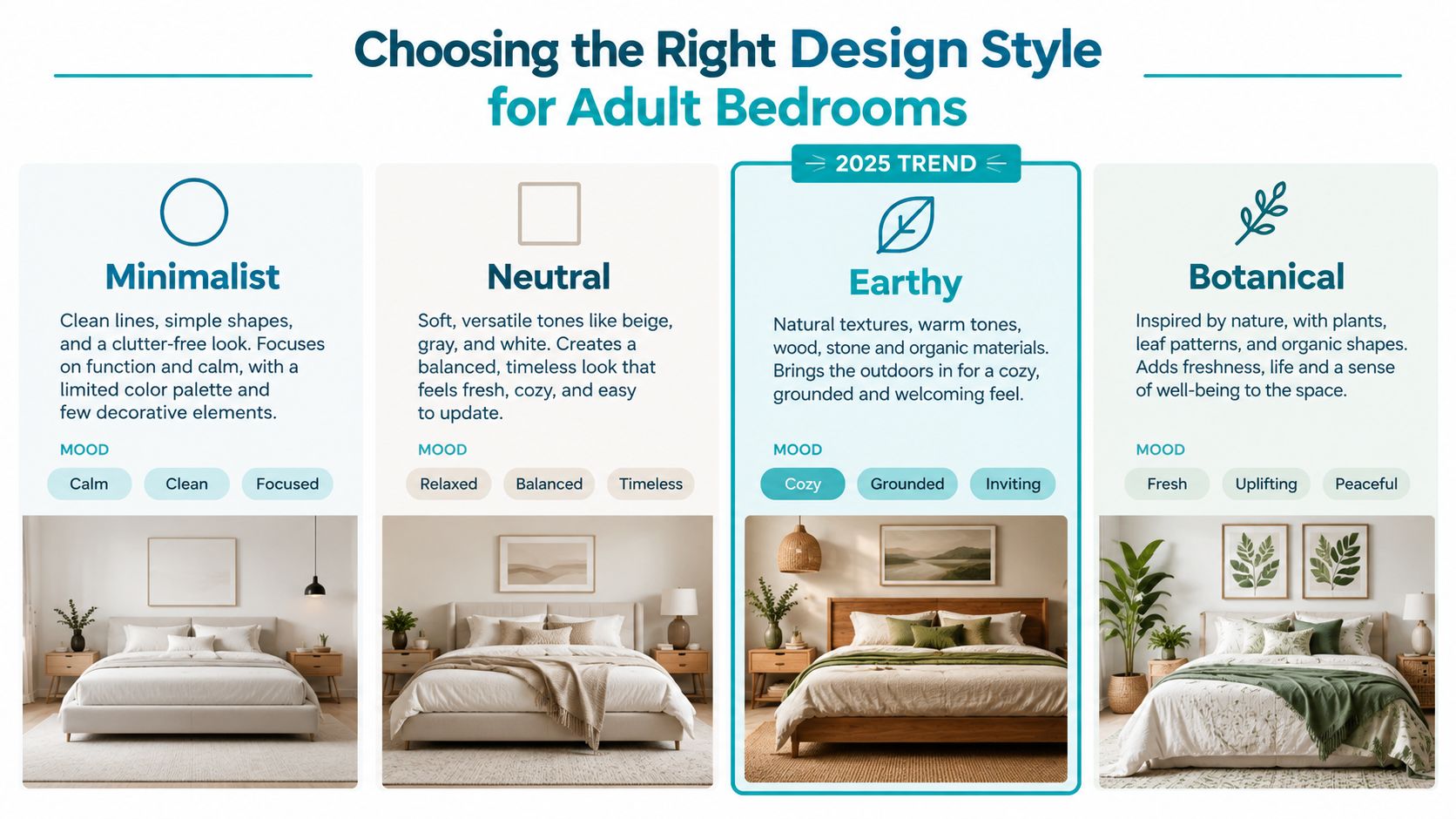 A design infographic showing four bedroom styles: Minimalist, Neutral, Earthy, and Botanical with decor descriptions.