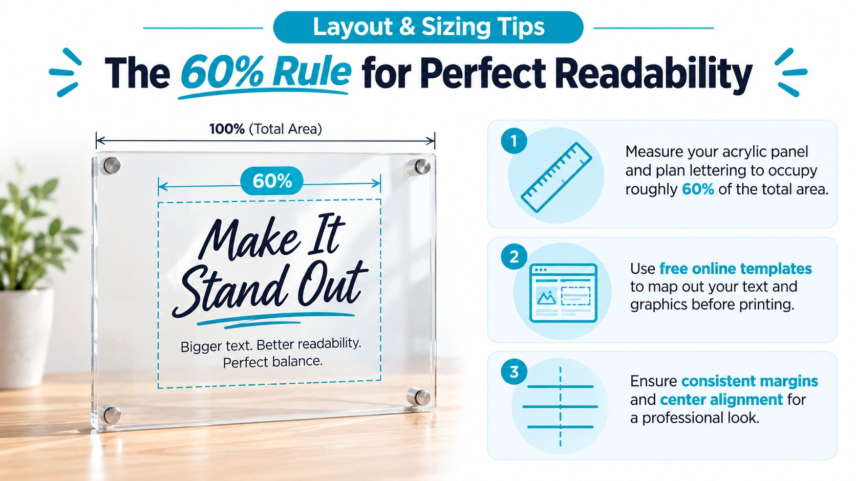 An infographic explaining how to arrange text on acrylic wedding signs for perfect readability and balance.