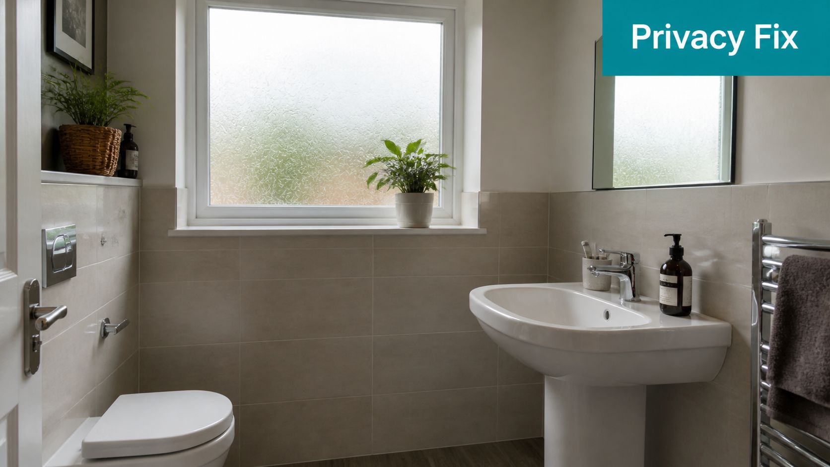 A clean modern bathroom featuring a window with privacy frosted glass film installed to block views.