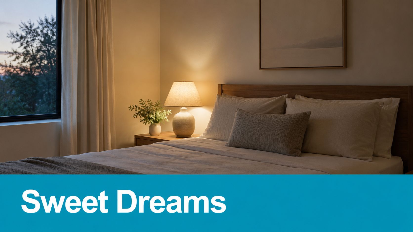 A cozy bedroom with a warm lamp glowing next to a bed featuring text overlay reading Sweet Dreams.