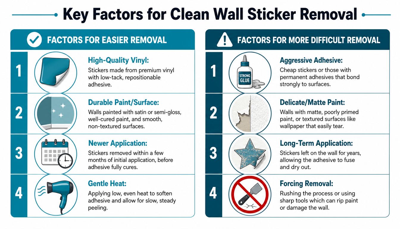 A comparison chart outlining key factors for easier and more difficult wall sticker removal process.