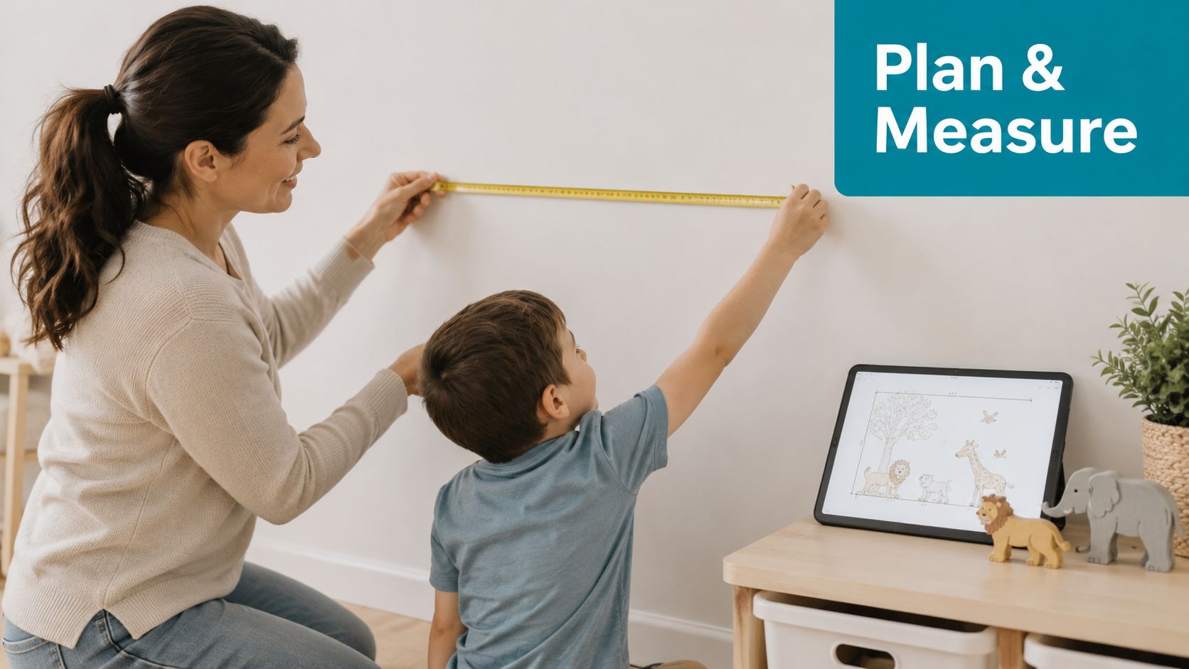 A mother and son using a tape measure to measure a wall for playroom wall stickers.