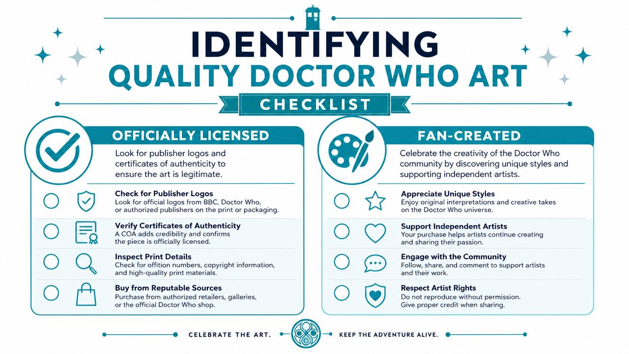 An infographic checklist guiding fans on how to identify officially licensed or independent fan-created Doctor Who artwork.