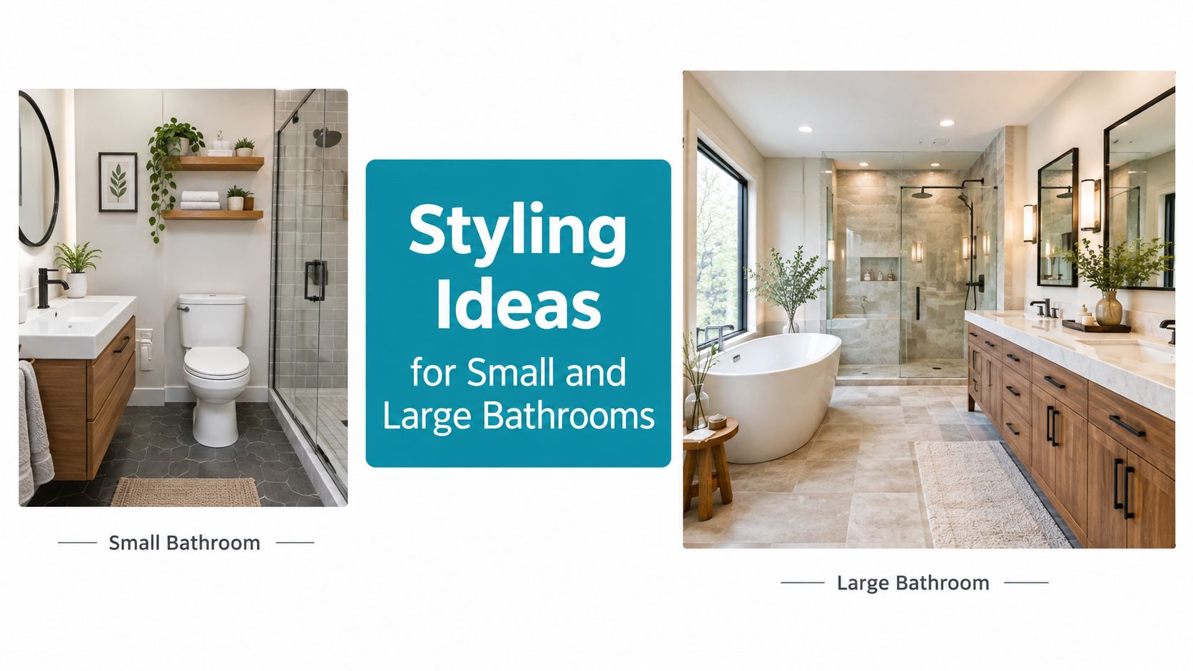 A split image comparison showing a small bathroom design on the left and a large bathroom on the right.