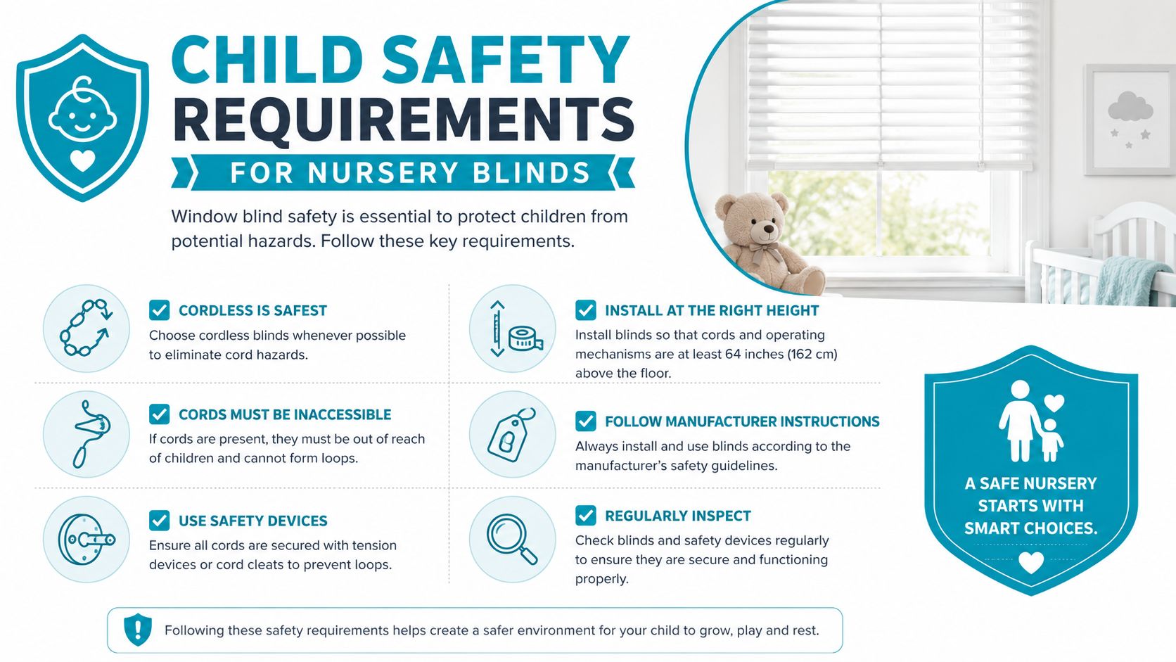 An infographic detailing essential child safety requirements for nursery window blinds to prevent potential childhood hazards.