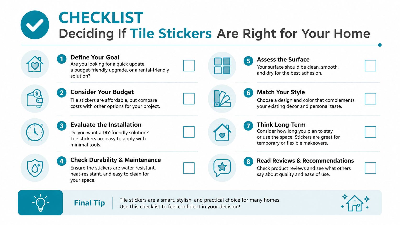 An infographic checklist guiding homeowners through eight essential steps for deciding if tile stickers are suitable.