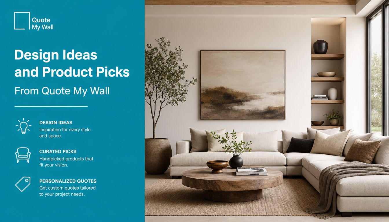 A modern living room with a neutral color palette, featuring a plush sofa, circular coffee table, and abstract wall art.