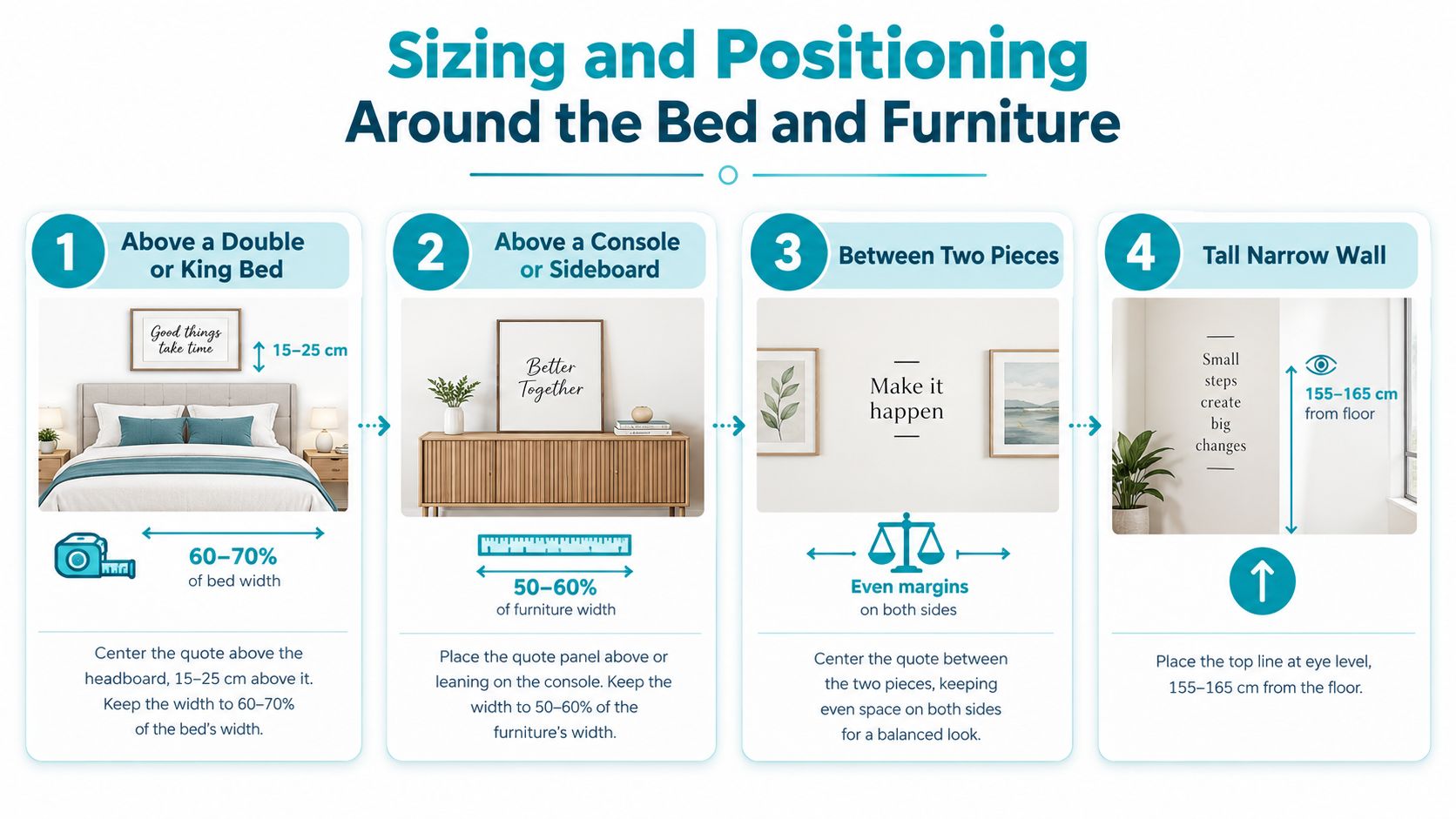 An infographic showing guidelines for sizing and positioning wall art and quotes above furniture and on walls.